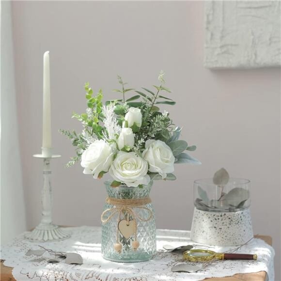 Faux Flowers with Vase,Artificial Silk Roses in Vase,FakePlant Eucalyptus Flower - Picture 4 of 7